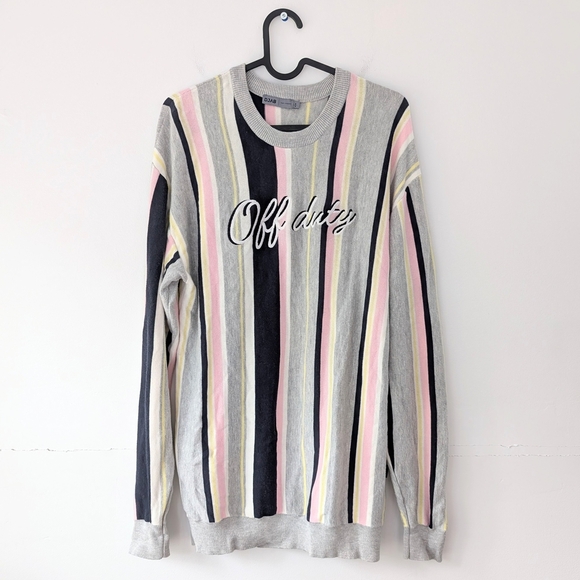 Djab By Simons Striped Knit Sweater with 'Off Duty' Embroidery ~ Size Medium - Picture 2 of 9